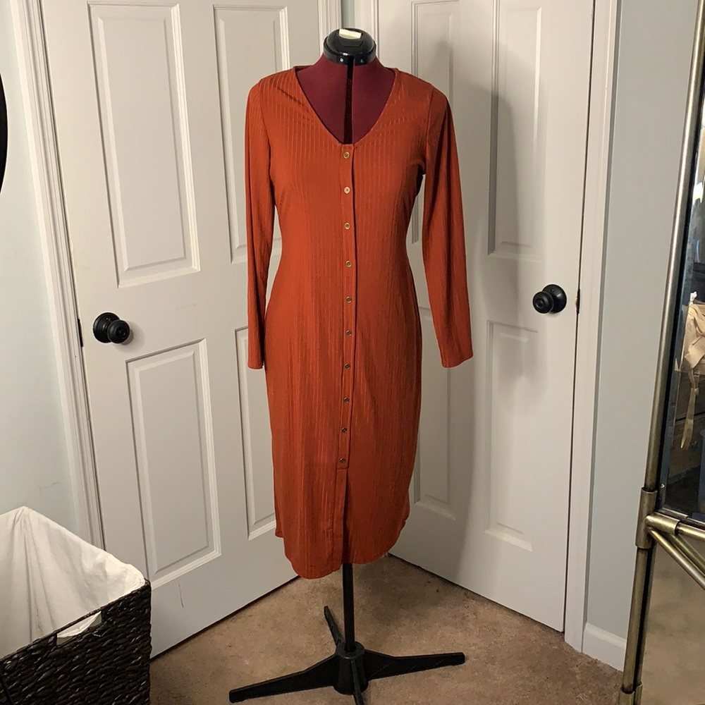 Burnt Red Ribbed Faux a button Down Dress
